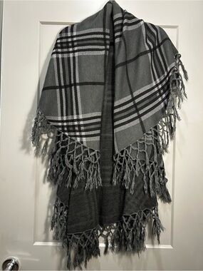 George | Fringe Wrap Shawl | Gray Plaid | Women’s| One Size